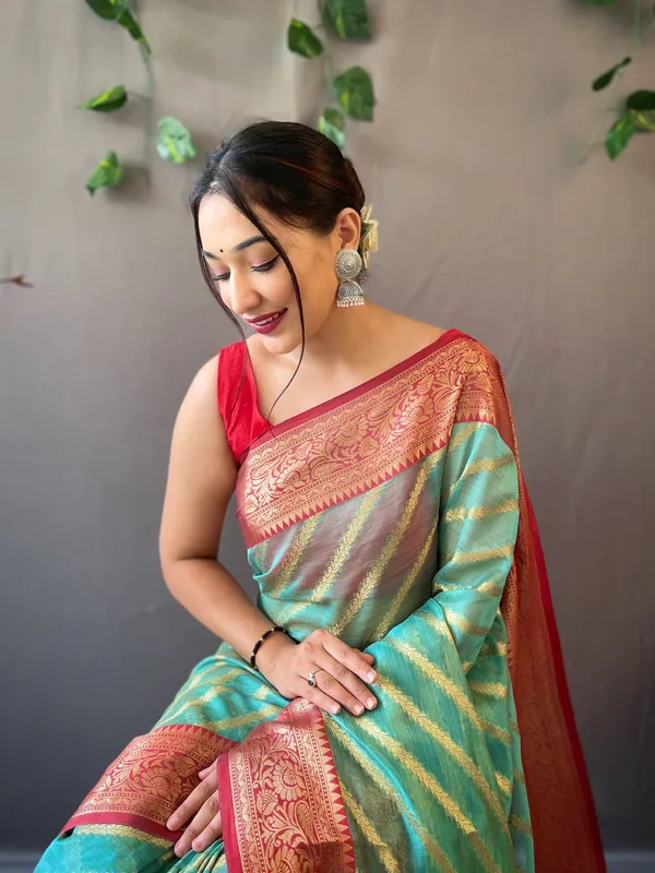 Sea_Blue_Pure_Organza_Weaved_Leheriya_Saree_With_Blouse_Piece_Attached